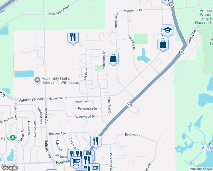 map of restaurants, bars, coffee shops, grocery stores, and more near 5 Honeybear Lane in Romeoville