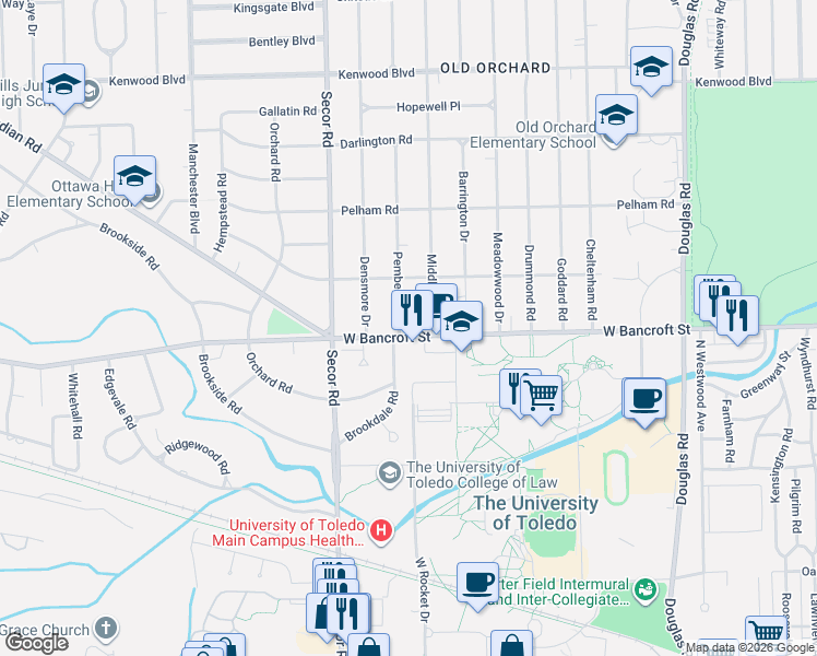 map of restaurants, bars, coffee shops, grocery stores, and more near in Toledo