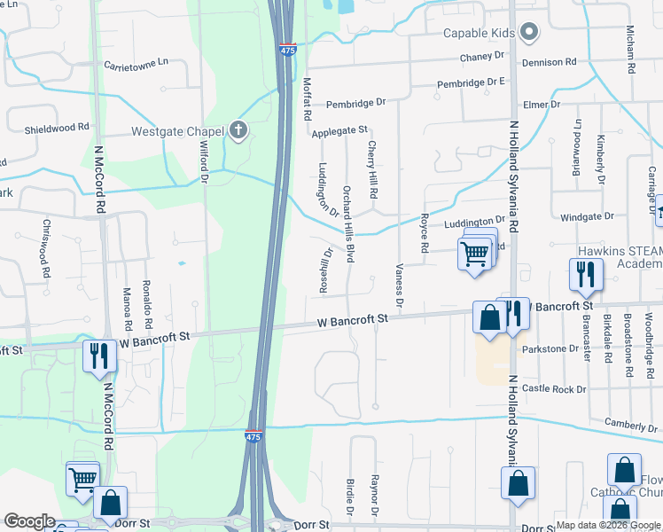 map of restaurants, bars, coffee shops, grocery stores, and more near 2243 Orchard Hills Boulevard in Toledo