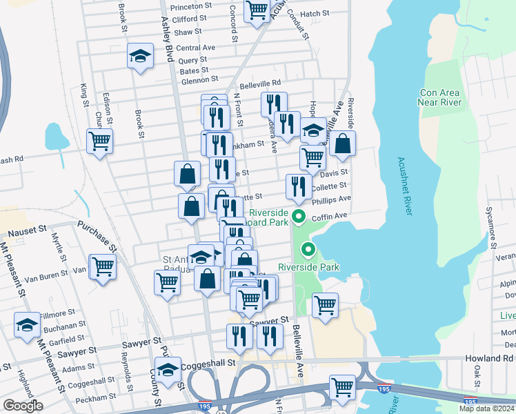 map of restaurants, bars, coffee shops, grocery stores, and more near 149 Phillips Avenue in New Bedford