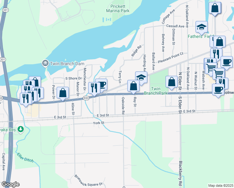 map of restaurants, bars, coffee shops, grocery stores, and more near Lincolnway East in Mishawaka