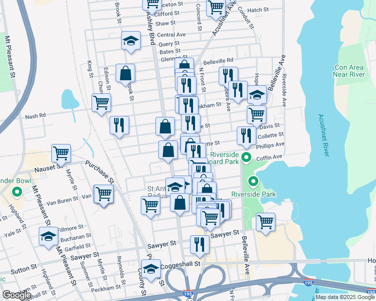 map of restaurants, bars, coffee shops, grocery stores, and more near 224 Phillips Avenue in New Bedford