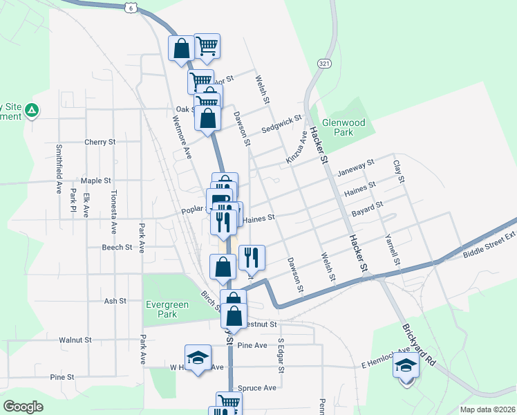 map of restaurants, bars, coffee shops, grocery stores, and more near 300-398 Dawson Saint Exd in Kane