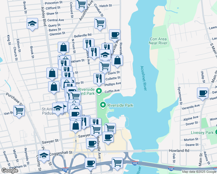 map of restaurants, bars, coffee shops, grocery stores, and more near 144 Coffin Avenue in New Bedford