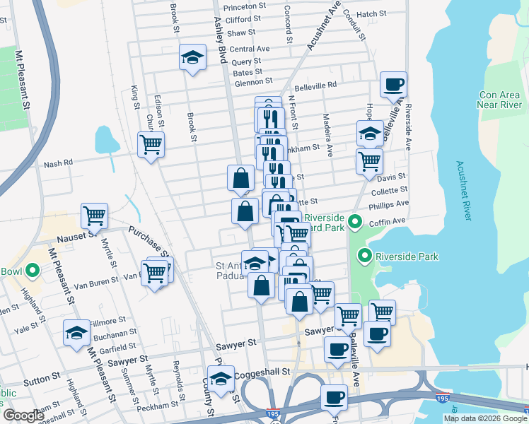 map of restaurants, bars, coffee shops, grocery stores, and more near 224 Phillips Avenue in New Bedford