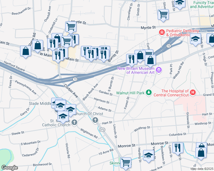 map of restaurants, bars, coffee shops, grocery stores, and more near 107 South Burritt Street in New Britain