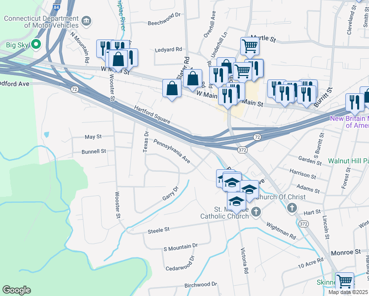 map of restaurants, bars, coffee shops, grocery stores, and more near 55 Pennsylvania Avenue in New Britain