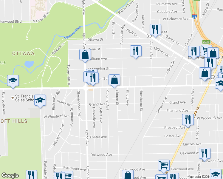 map of restaurants, bars, coffee shops, grocery stores, and more near 2127 Clinton Street in Toledo