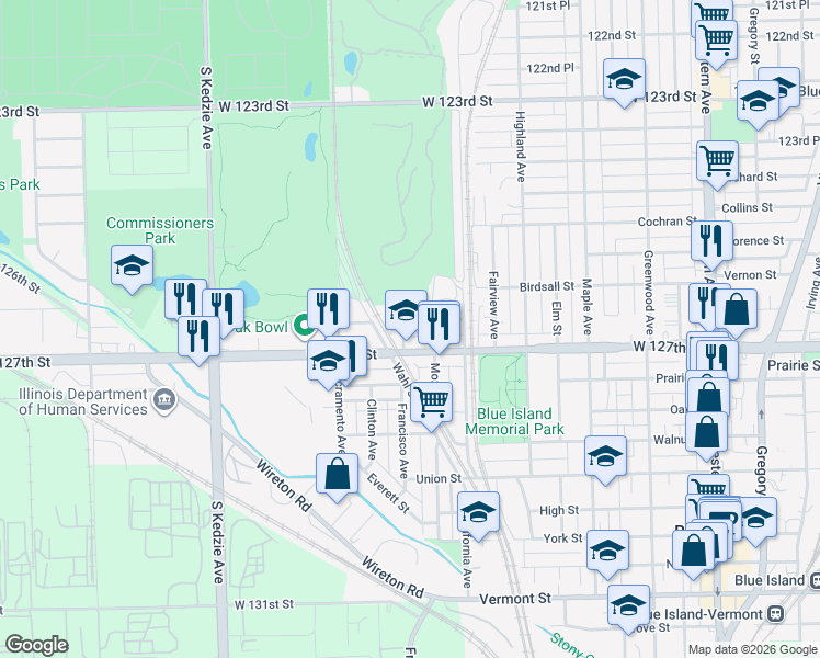 map of restaurants, bars, coffee shops, grocery stores, and more near 2841 West 127th Street in Blue Island