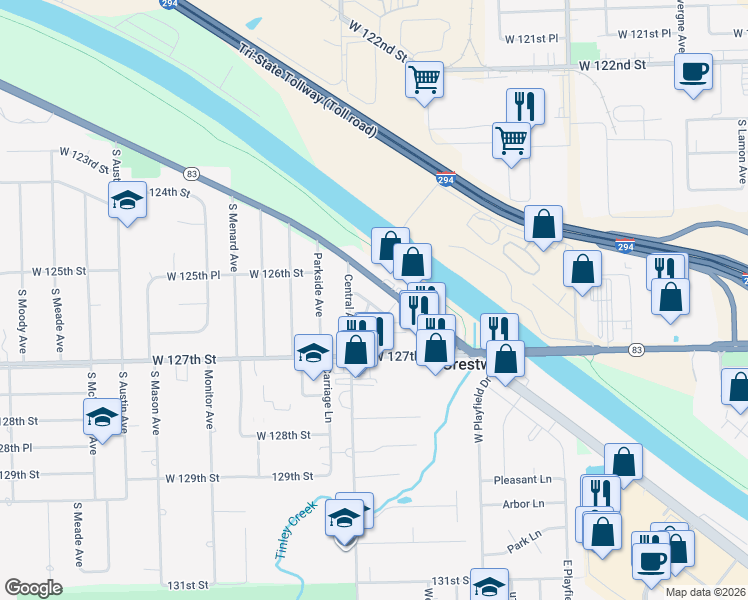 map of restaurants, bars, coffee shops, grocery stores, and more near 12615 Central Avenue in Alsip