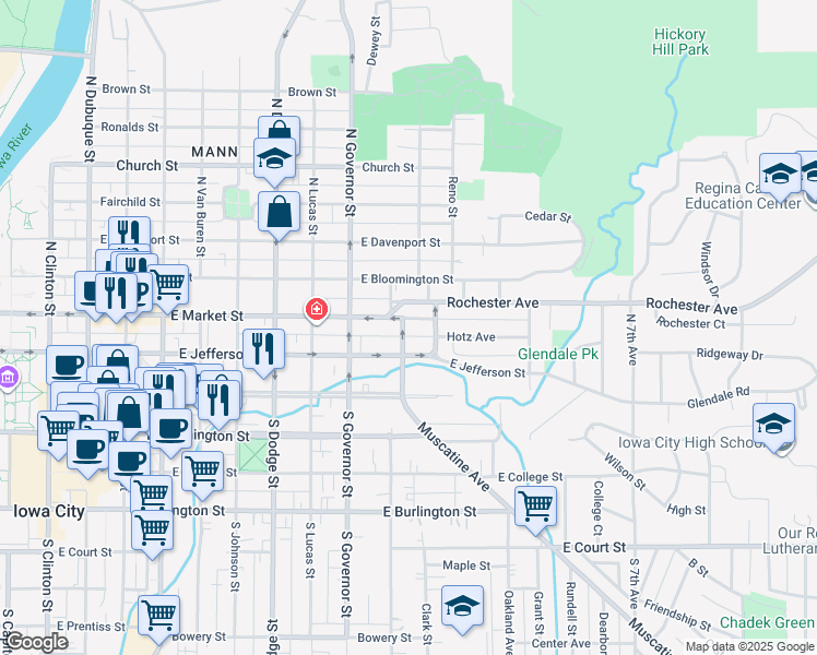 map of restaurants, bars, coffee shops, grocery stores, and more near 944 East Jefferson Street in Iowa City
