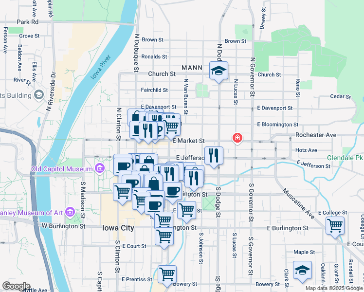 map of restaurants, bars, coffee shops, grocery stores, and more near in Iowa City