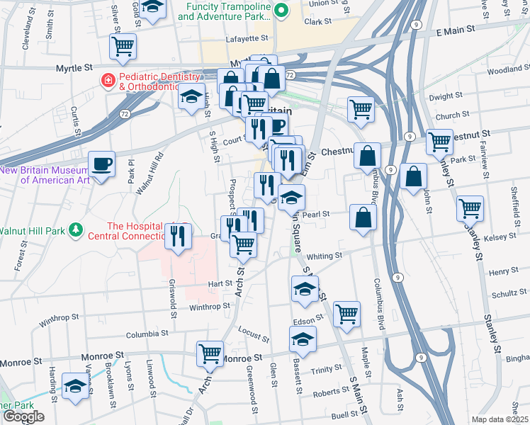 map of restaurants, bars, coffee shops, grocery stores, and more near 18 West Pearl Street in New Britain