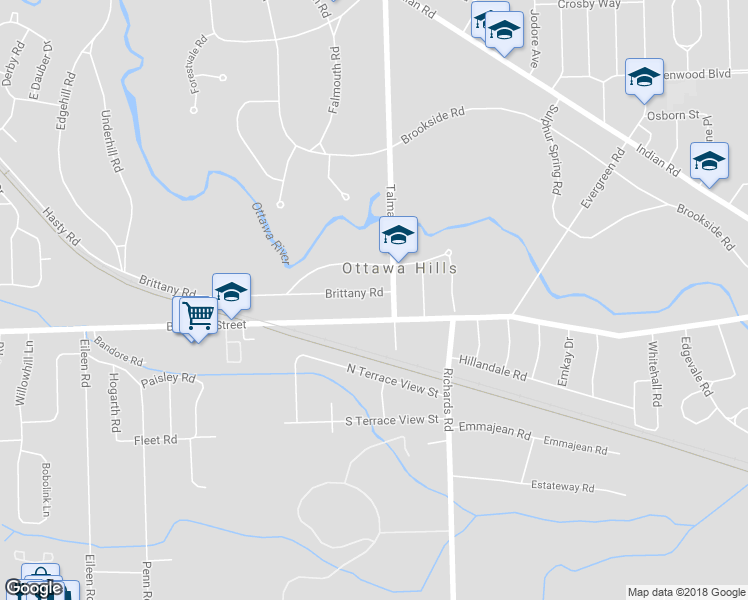 map of restaurants, bars, coffee shops, grocery stores, and more near 4319 Brittany Road in Toledo