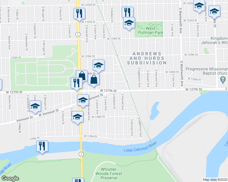 map of restaurants, bars, coffee shops, grocery stores, and more near 12700 South Wallace Street in Chicago