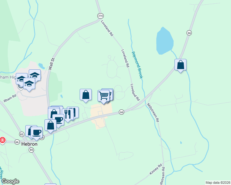 map of restaurants, bars, coffee shops, grocery stores, and more near 25 Gilbert Lane in Hebron