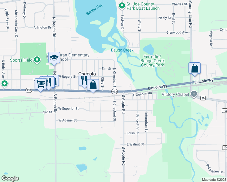 map of restaurants, bars, coffee shops, grocery stores, and more near 206 Lincolnway East in Osceola