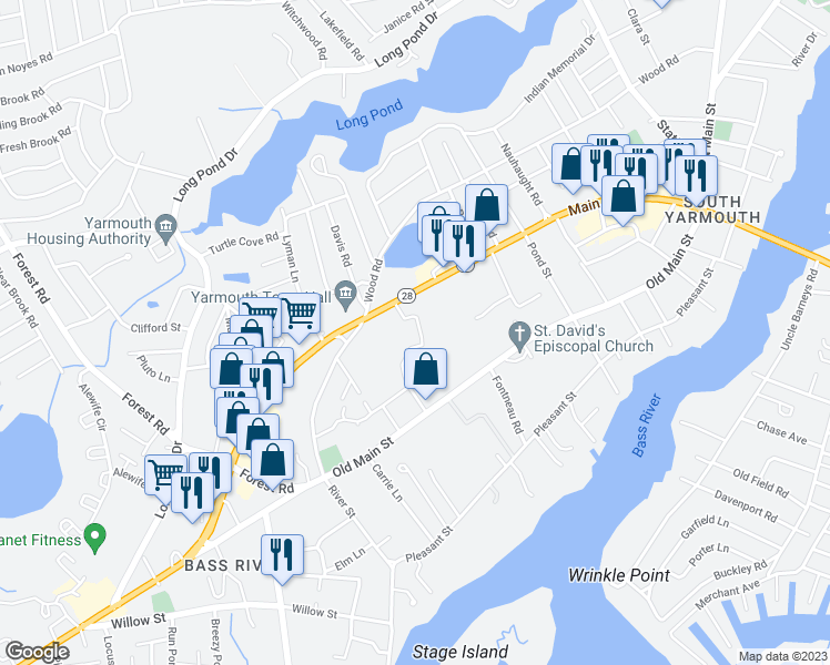 map of restaurants, bars, coffee shops, grocery stores, and more near 1175 Massachusetts 28 in Yarmouth