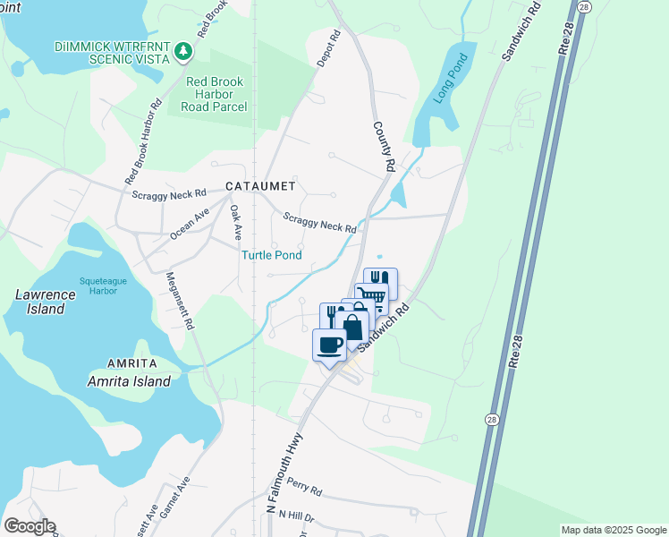 map of restaurants, bars, coffee shops, grocery stores, and more near 12 Olofson Drive in Bourne