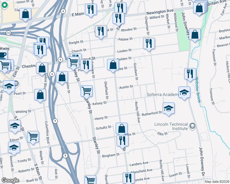 map of restaurants, bars, coffee shops, grocery stores, and more near 4 Austin Street in New Britain
