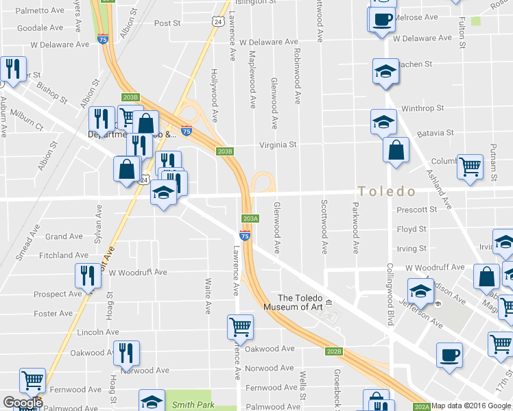 map of restaurants, bars, coffee shops, grocery stores, and more near 2144 Maplewood Avenue in Toledo