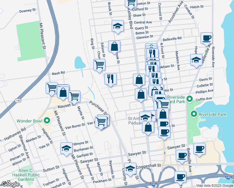 map of restaurants, bars, coffee shops, grocery stores, and more near 340 Earle Street in New Bedford