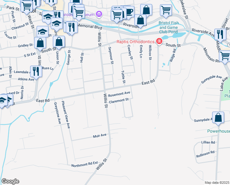 map of restaurants, bars, coffee shops, grocery stores, and more near 49 Briarwood Road in Bristol