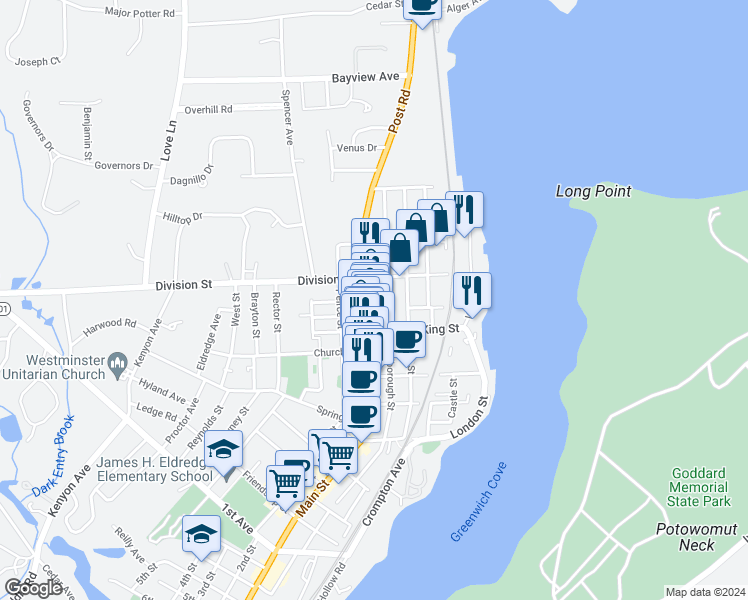map of restaurants, bars, coffee shops, grocery stores, and more near 6 Main Street in East Greenwich