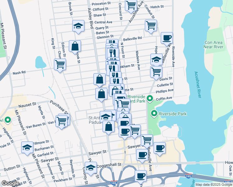 map of restaurants, bars, coffee shops, grocery stores, and more near 1570 Acushnet Avenue in New Bedford