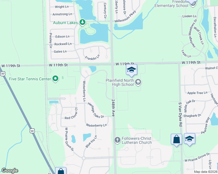 map of restaurants, bars, coffee shops, grocery stores, and more near 11920 Winterberry Lane in Plainfield
