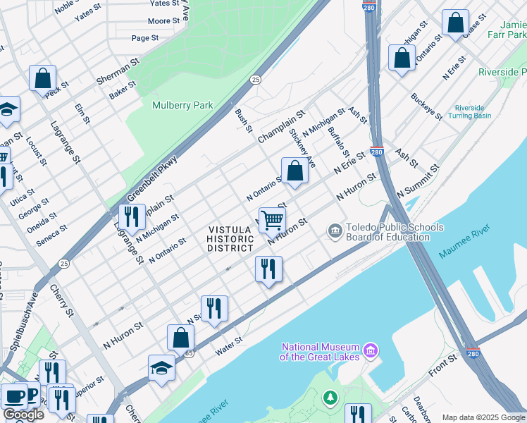 map of restaurants, bars, coffee shops, grocery stores, and more near 1419 North Erie Street in Toledo