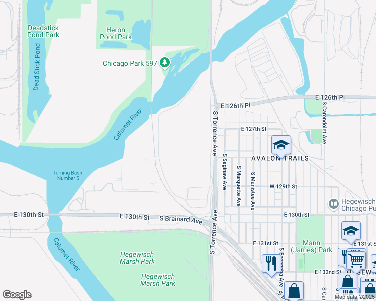 map of restaurants, bars, coffee shops, grocery stores, and more near 12600 South Torrence Avenue in Chicago