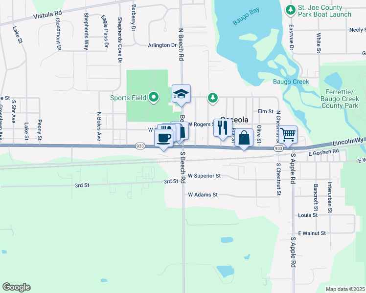 map of restaurants, bars, coffee shops, grocery stores, and more near 101 North Beech Road in Osceola