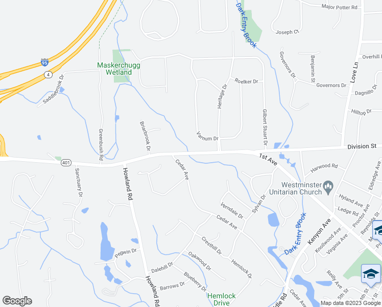 map of restaurants, bars, coffee shops, grocery stores, and more near 595 Division Street in East Greenwich