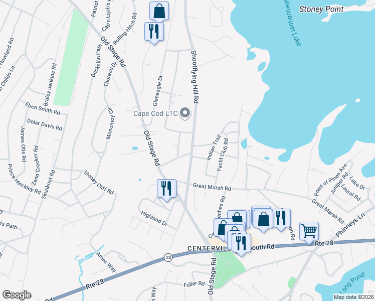 map of restaurants, bars, coffee shops, grocery stores, and more near 1108 Shootflying Hill Road in Barnstable