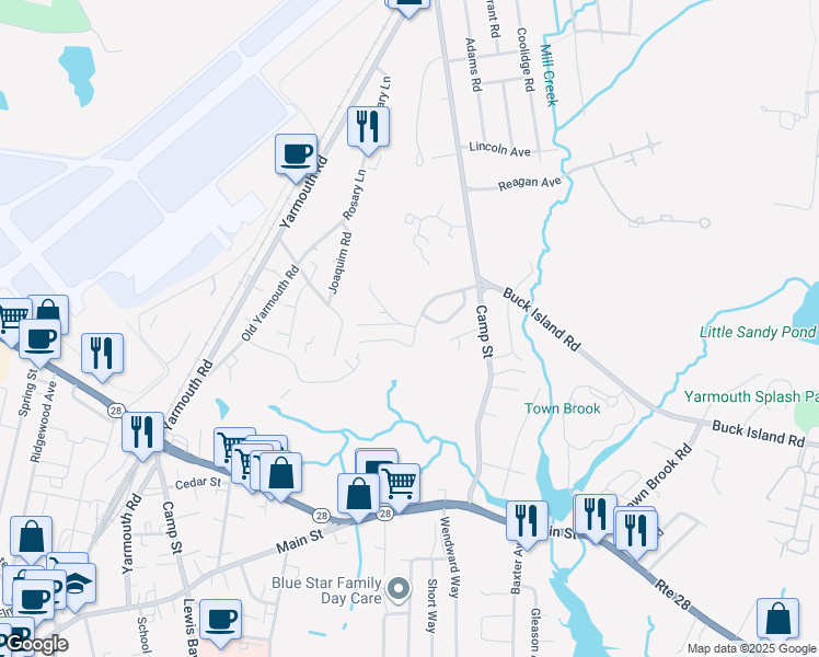 map of restaurants, bars, coffee shops, grocery stores, and more near 121 Camp Street in Yarmouth