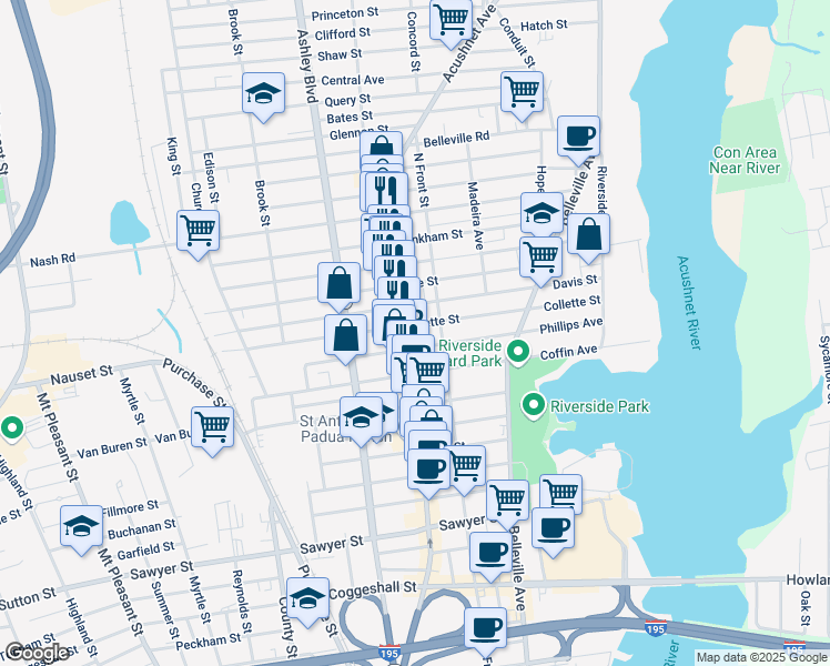 map of restaurants, bars, coffee shops, grocery stores, and more near 186 Davis Street in New Bedford