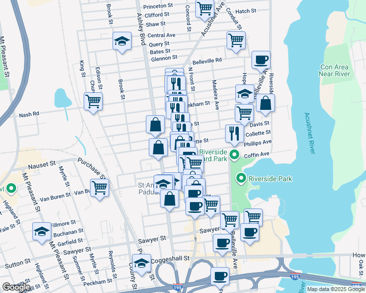 map of restaurants, bars, coffee shops, grocery stores, and more near 186 Davis Street in New Bedford