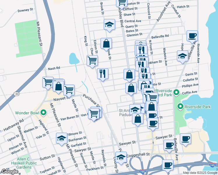 map of restaurants, bars, coffee shops, grocery stores, and more near 340 Earle Street in New Bedford