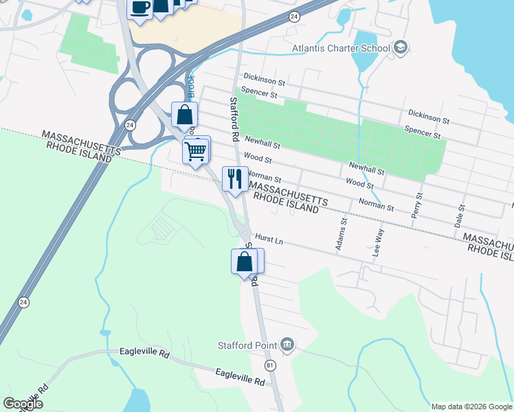 map of restaurants, bars, coffee shops, grocery stores, and more near 54 Hancock Street in Fall River