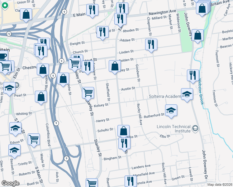 map of restaurants, bars, coffee shops, grocery stores, and more near 4 Austin Street in New Britain