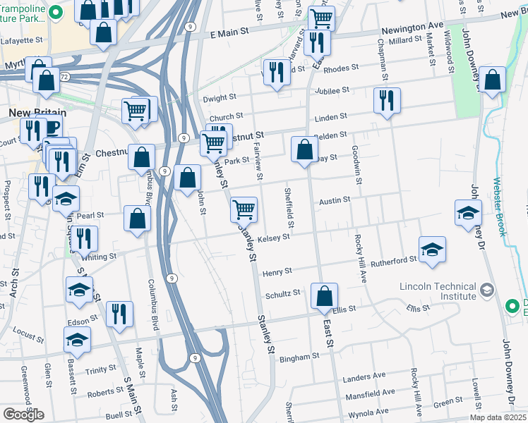 map of restaurants, bars, coffee shops, grocery stores, and more near 71 Fairview Street in New Britain