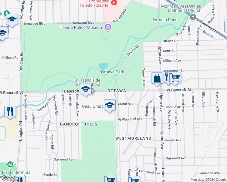 map of restaurants, bars, coffee shops, grocery stores, and more near 2200 West Bancroft Street in Toledo