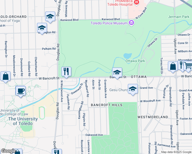 map of restaurants, bars, coffee shops, grocery stores, and more near 2515 West Bancroft Street in Toledo
