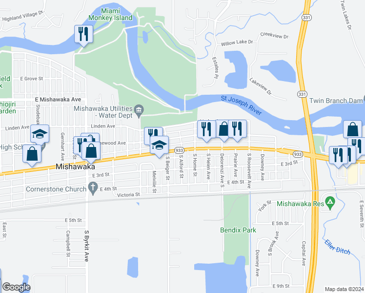 map of restaurants, bars, coffee shops, grocery stores, and more near 1722 Homewood Avenue in Mishawaka
