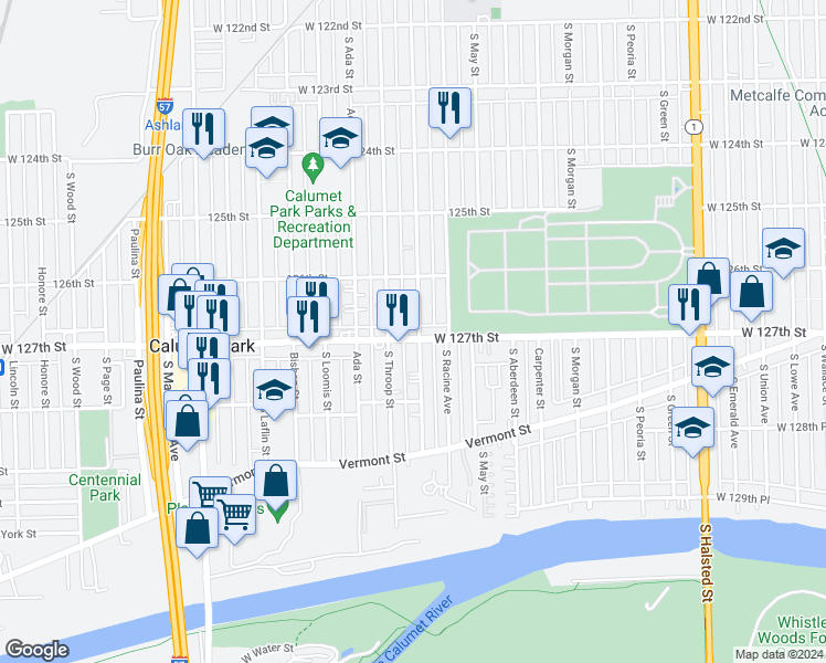 map of restaurants, bars, coffee shops, grocery stores, and more near 12622 South Elizabeth Street in Calumet Park