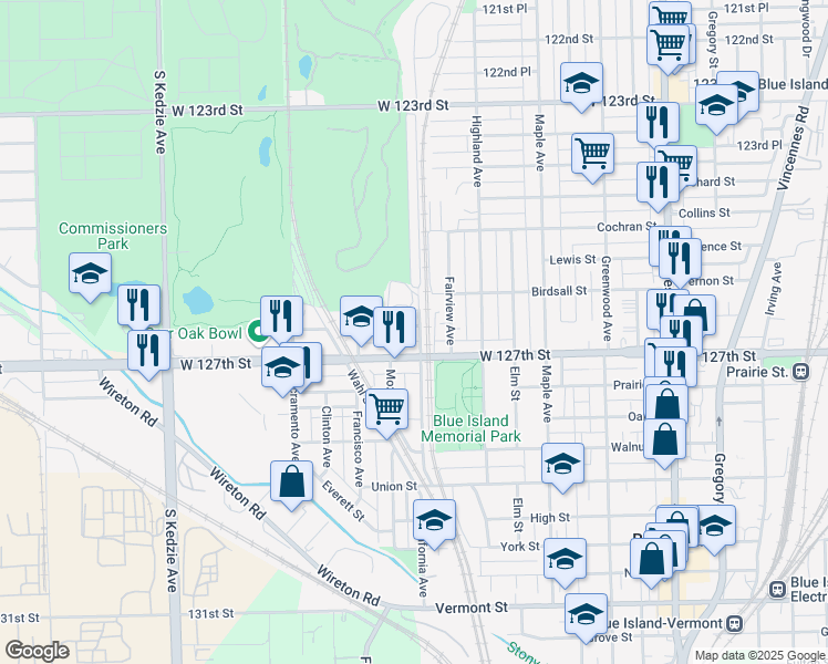 map of restaurants, bars, coffee shops, grocery stores, and more near 12622 California Avenue in Blue Island