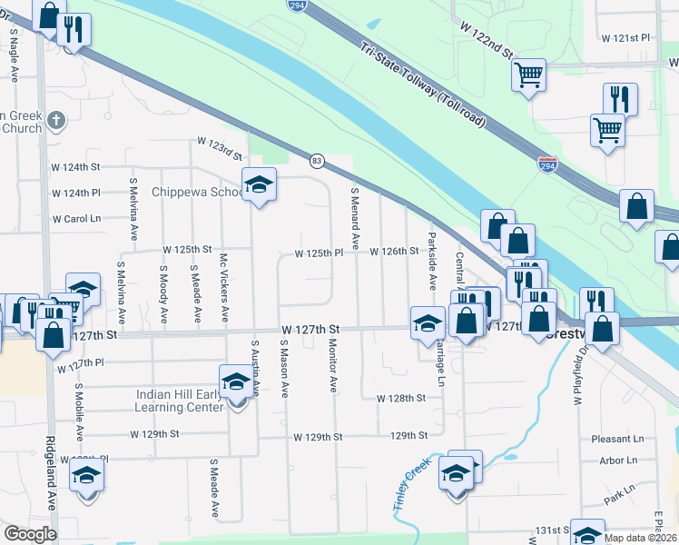 map of restaurants, bars, coffee shops, grocery stores, and more near 12528 South Menard Avenue in Alsip