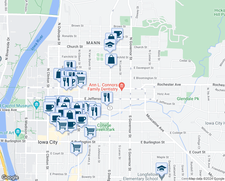 map of restaurants, bars, coffee shops, grocery stores, and more near 218 North Dodge Street in Iowa City