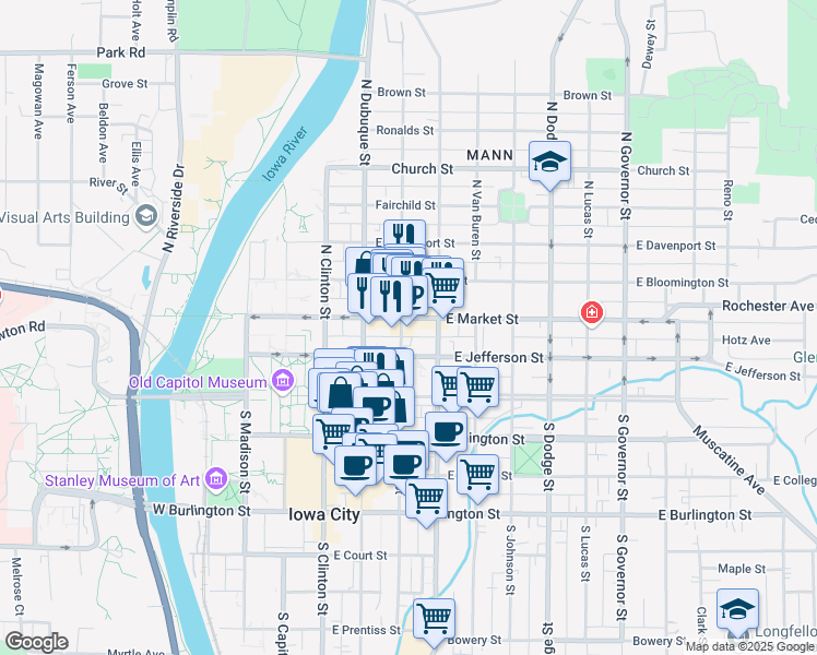 map of restaurants, bars, coffee shops, grocery stores, and more near 210 North Linn Street in Iowa City